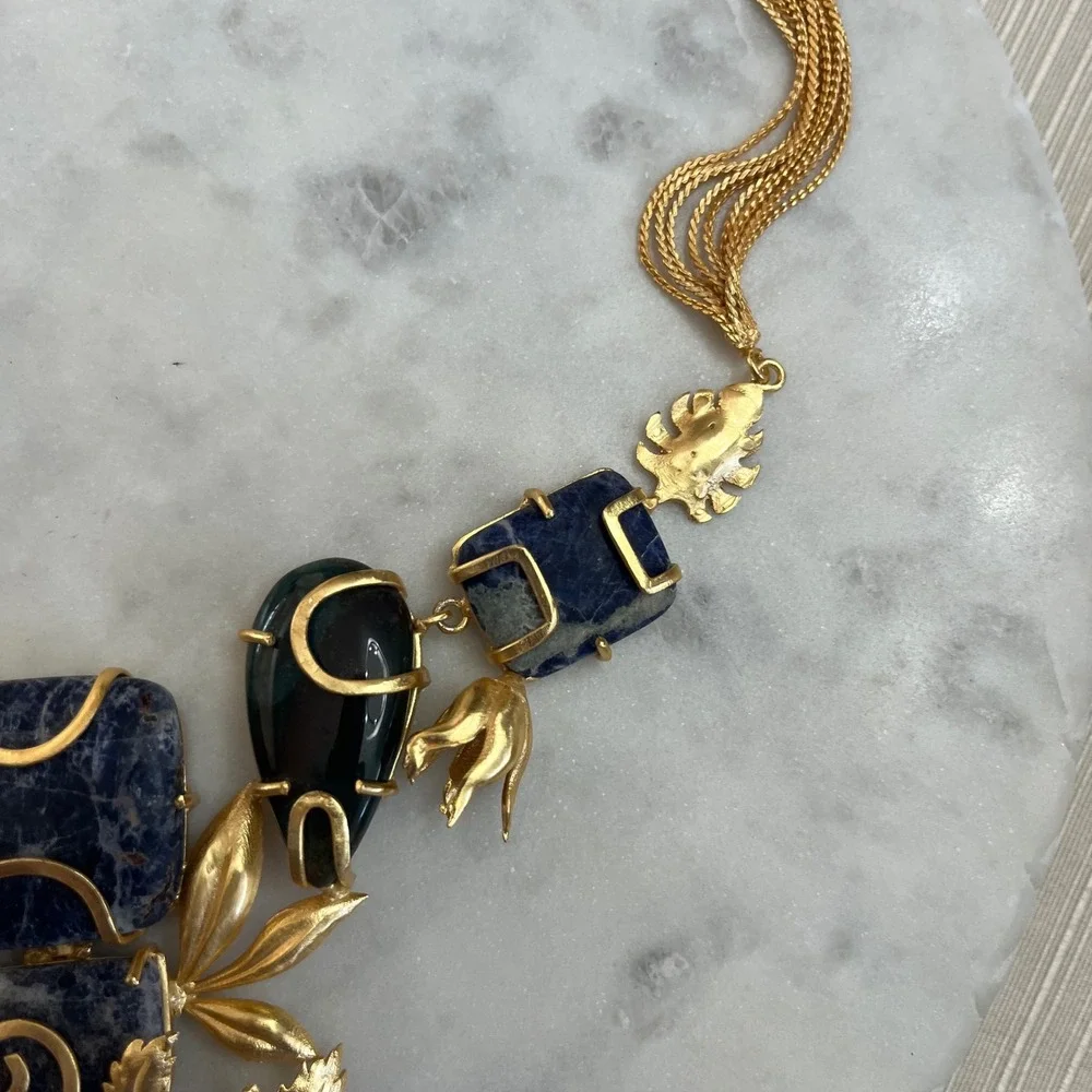Gemstone Statement Necklace Sodalite Gold Tone‎ Floral Bib Grecian Boho Jewelry